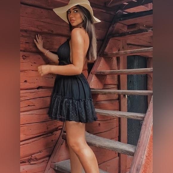 New Boho Lace Tulle Dot Ruffle Halter Mini Dress Strappy Tie Black - Picture 4 of 11